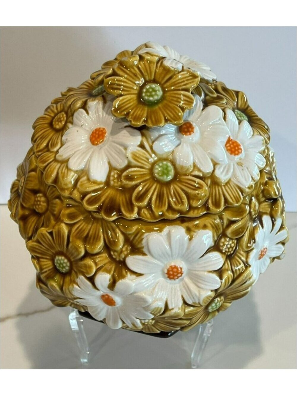 Vintage Fred Roberts Co Golden Harvest Raised Daisy Round Canister Cookie Jar